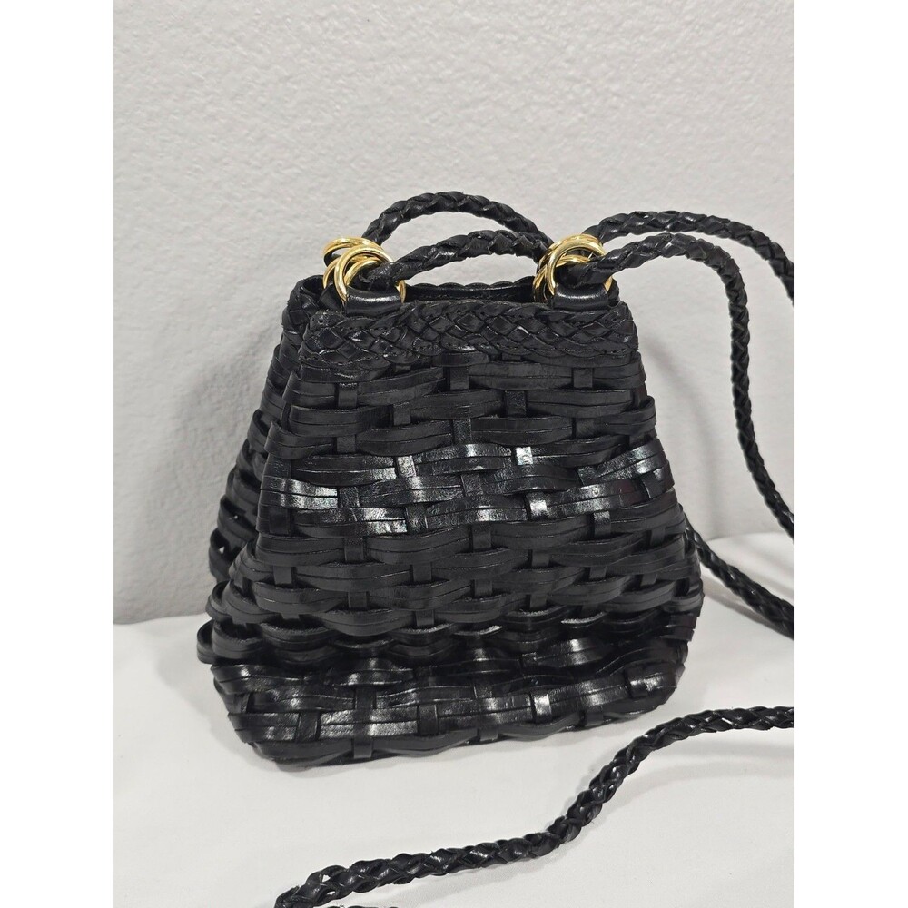 L.J.S Collection Women's Black Woven Crossbody Bag Snap Closure Leather Vintage